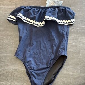 J crew NWT $112 sz 2 Navy Off-Shoulder One-Piece Swimsuit with White Trim